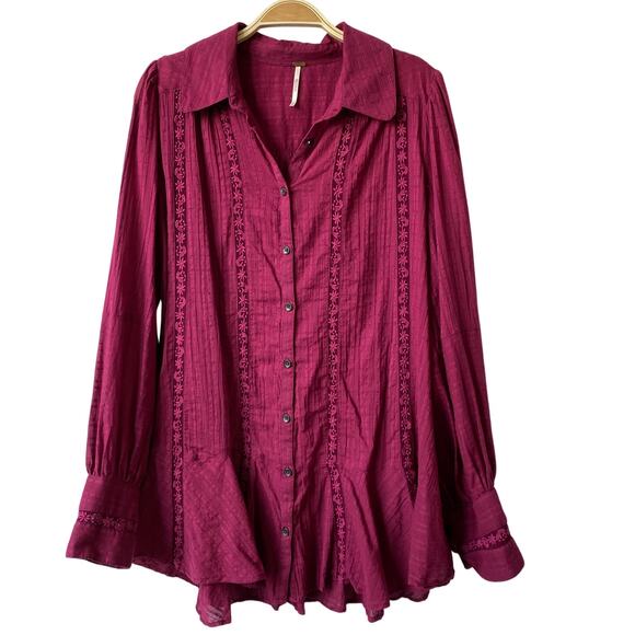 Free People‎ Mikaela Embroidered Shirt Women M Berry Pink Button Up Gauze Boho - Picture 1 of 12